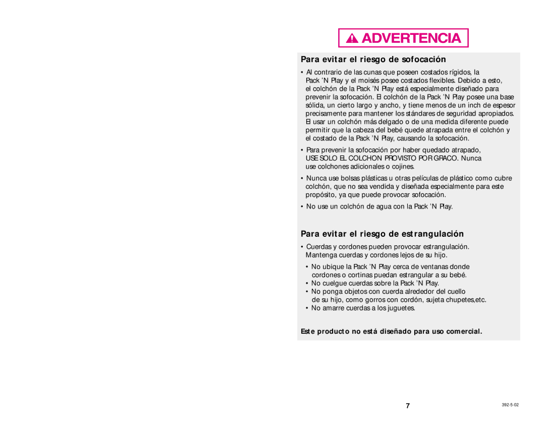 Graco 9415 manual Para evitar el riesgo de sofocación, Para evitar el riesgo de estrangulación 