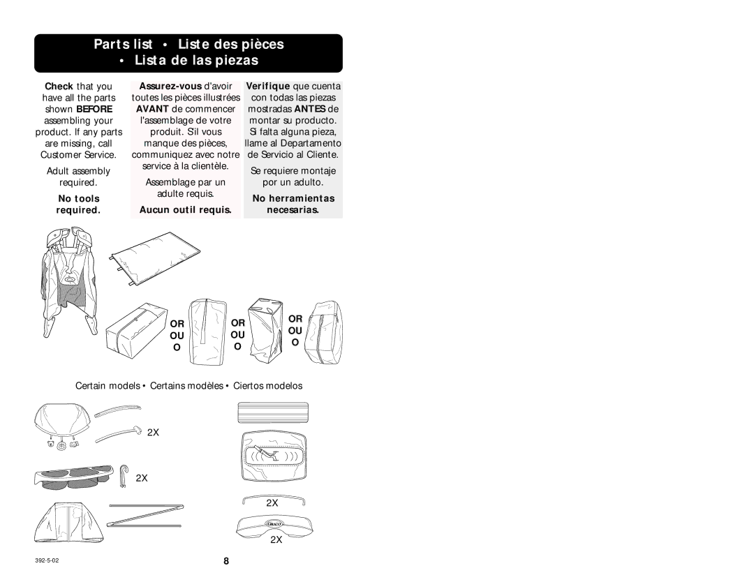 Graco 9415 manual Parts list Liste des pièces Lista de las piezas, Assurez-vous davoir Verifique que cuenta 