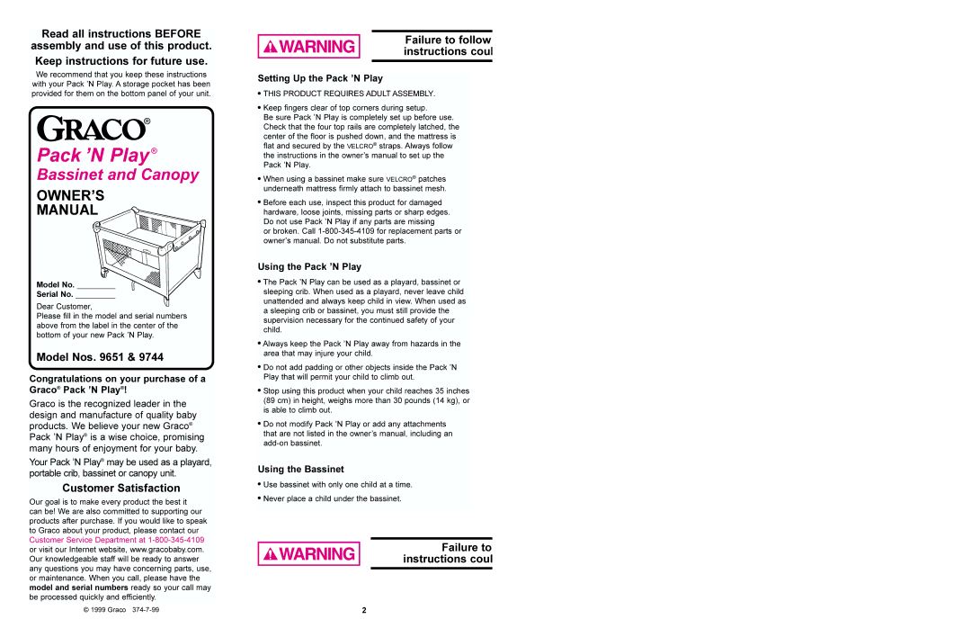Graco 9651 & 9744 manual Read all instructions Before, Model Nos, Customer Satisfaction 