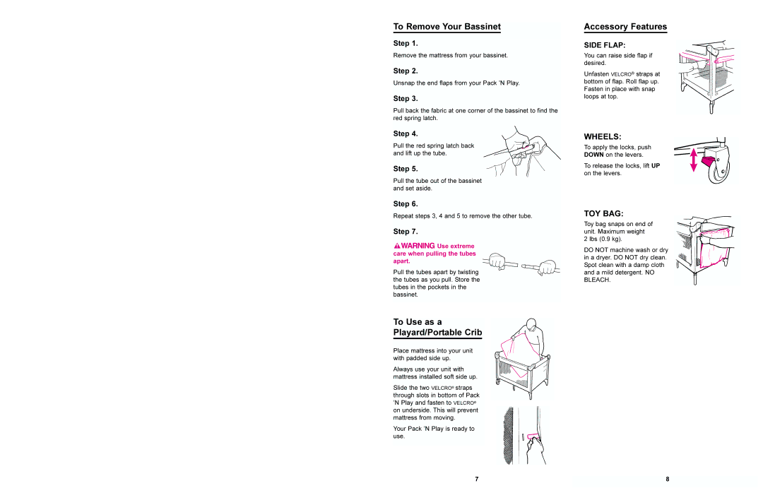 Graco 9651 & 9744 manual To Remove Your Bassinet, To Use as a Playard/Portable Crib, Accessory Features 