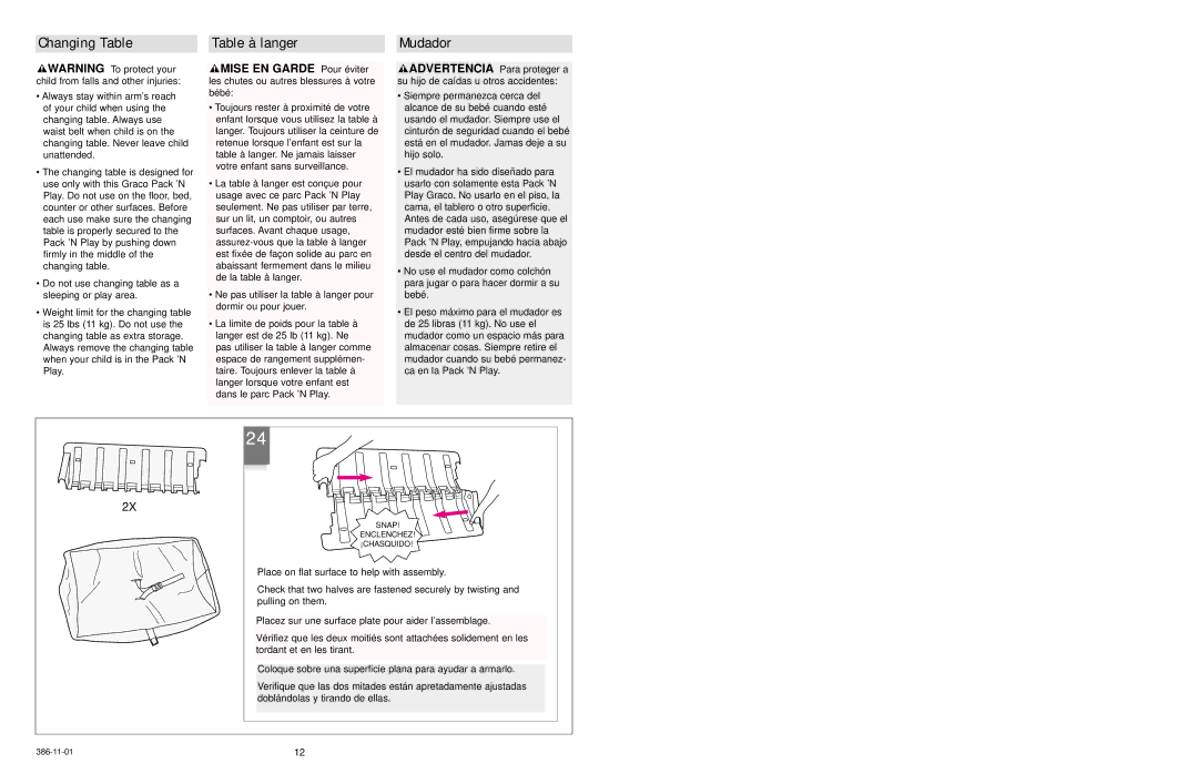 Graco 9651 owner manual Changing Table Table à langer Mudador 