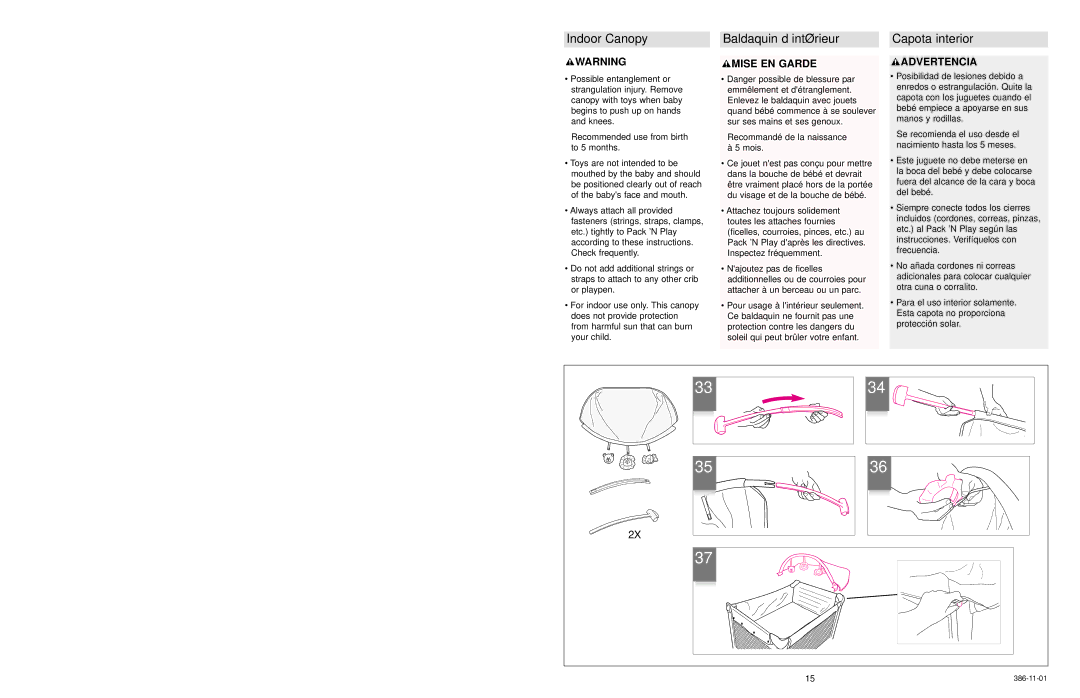 Graco 9651 owner manual Indoor Canopy Baldaquin d’intérieur Capota interior 