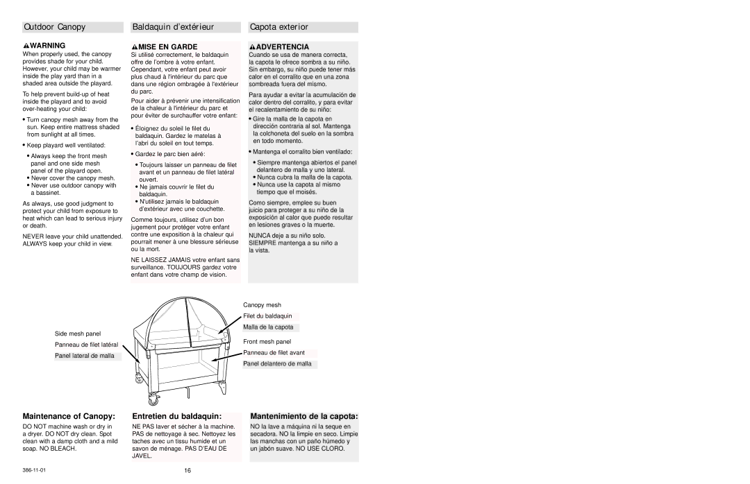 Graco 9651 owner manual Outdoor Canopy Baldaquin d’extérieur Capota exterior, Maintenance of Canopy 