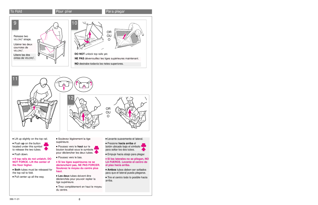 Graco 9651 owner manual To Fold Pour plier Para plegar 