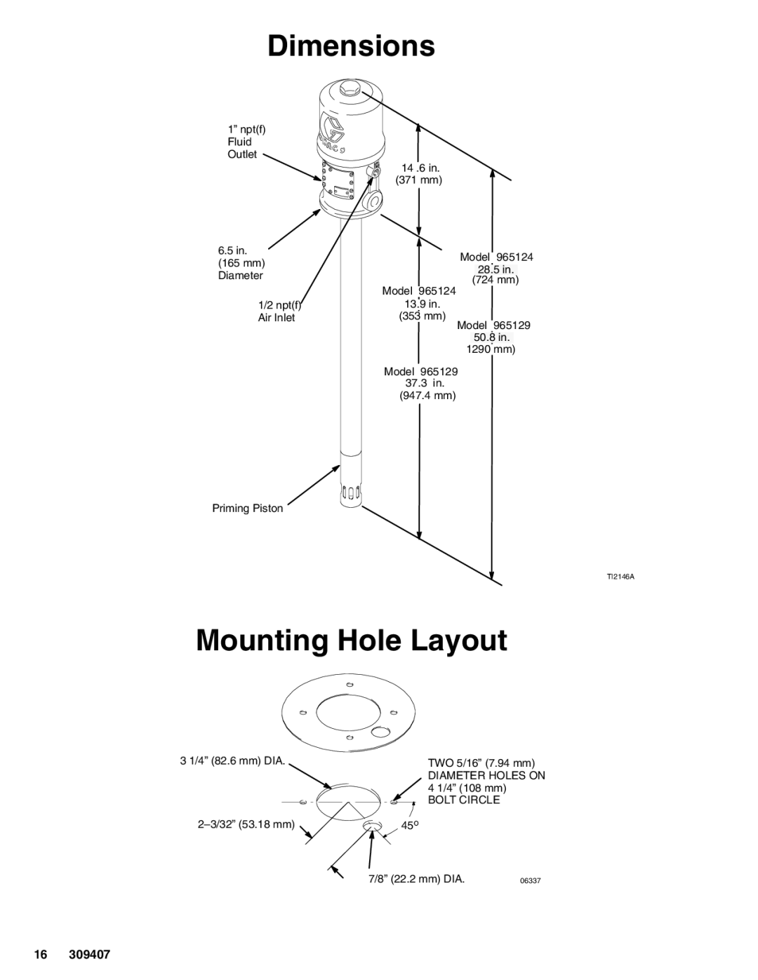 Graco 965124, 965129 important safety instructions Dimensions, Mounting Hole Layout 