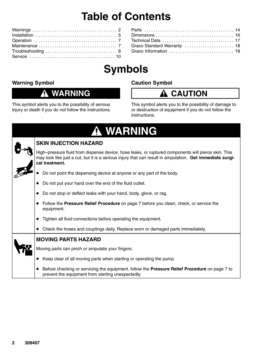 Graco 965124, 965129 important safety instructions Table of Contents, Symbols 