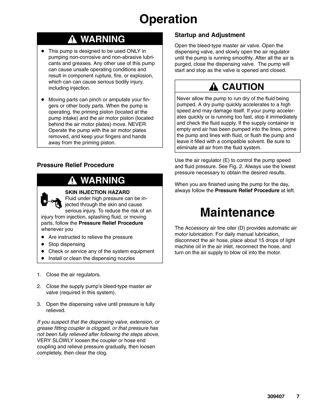 Graco 965129, 965124 important safety instructions Operation, Maintenance, Pressure Relief Procedure, Startup and Adjustment 