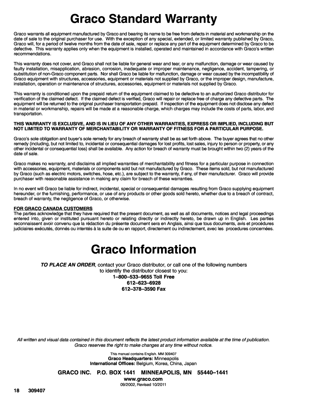 Graco 965124 Graco Standard Warranty, Graco Information, For Graco Canada Customers, Graco Headquarters Minneapolis 