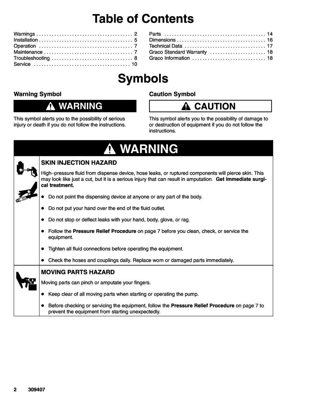 Graco 965124 Table of Contents, Symbols, Warning Symbol, Caution Symbol, Skin Injection Hazard, Moving Parts Hazard 