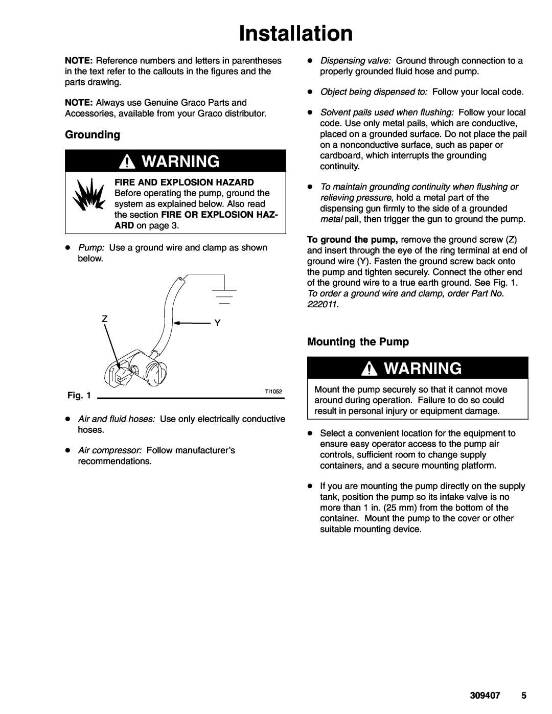 Graco 965129, 965124 important safety instructions Installation, Grounding, Mounting the Pump 