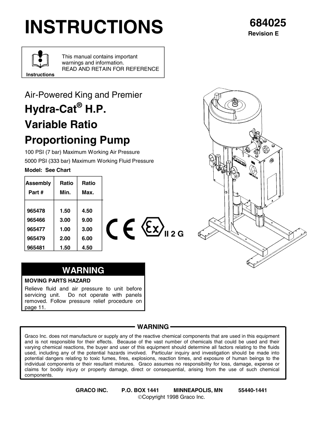 Graco 965478, 965477, 965481, 965479, 965466 manual Revision E, Moving Parts Hazard, Graco INC, Minneapolis, Mn 