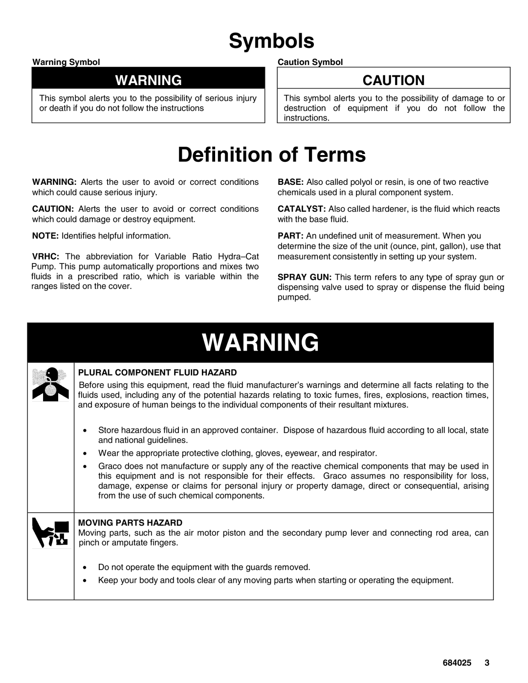 Graco 965479, 965477, 965478, 965481, 965466 manual Symbols, Definition of Terms, Plural Component Fluid Hazard 