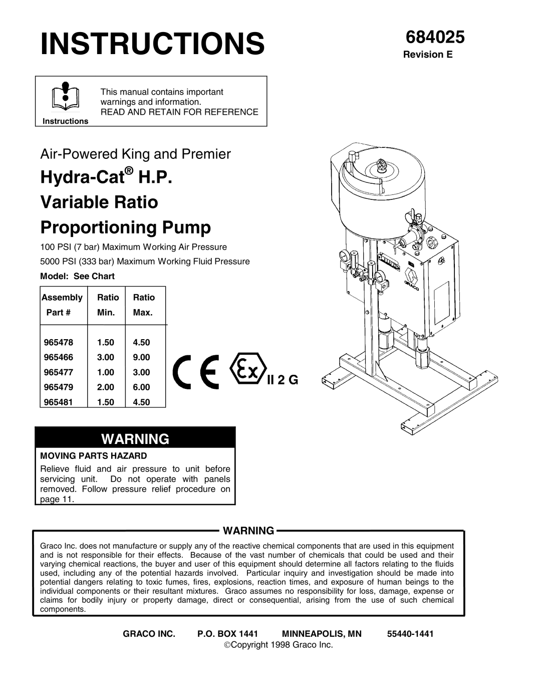 Graco 965478 manual 684025, Hydra-Cat H.P Variable Ratio Proportioning Pump, Revision E, Instructions, Model See Chart 
