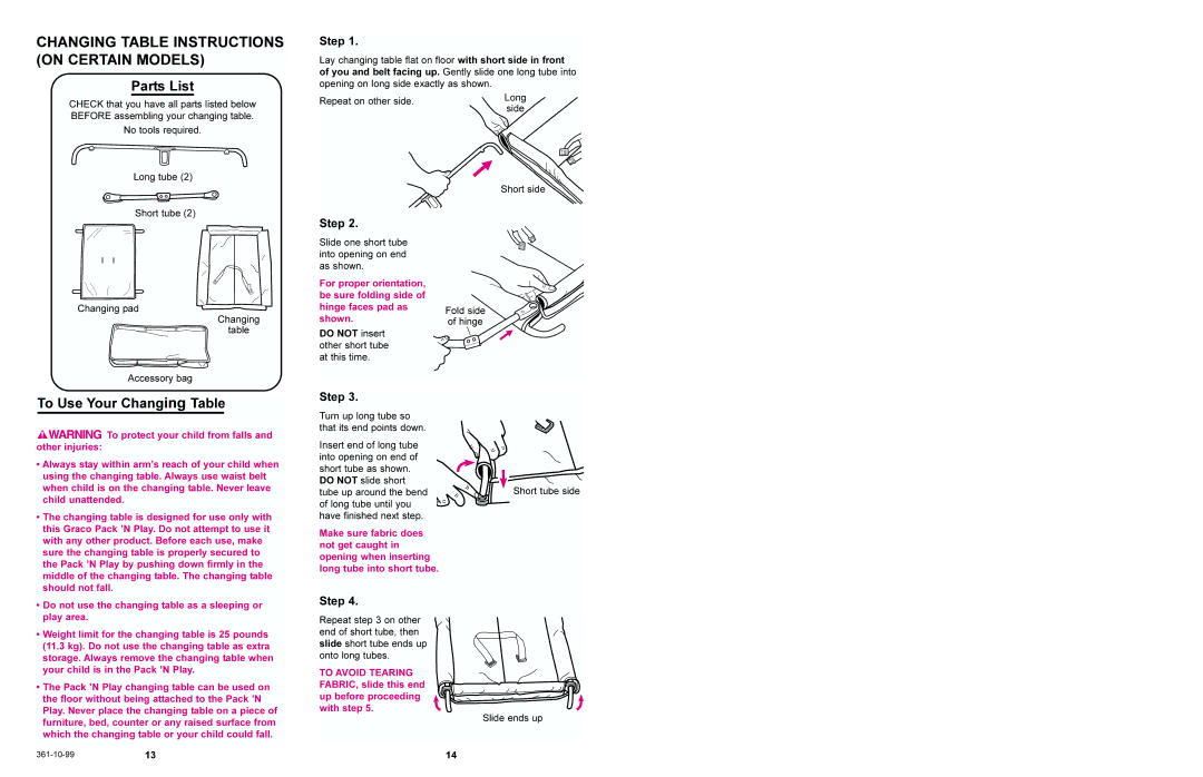 Graco 9745, 9741, 9643, 9726, 9746, 9346 Changing Table Instructions on Certain Models, Parts List, To Use Your Changing Table 