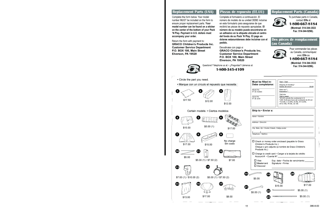 Graco 9757 manual Replacement Parts USA, Piezas de repuesto EE.UU, Replacement Parts Canada 