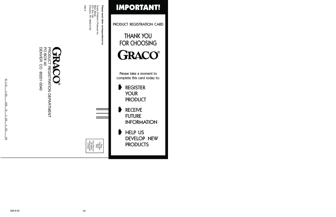 Graco 9757 manual Thank YOU 