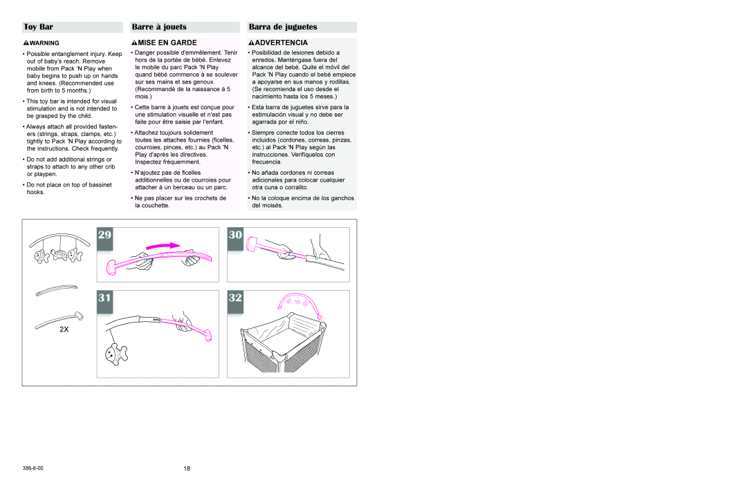 Graco 9757 manual Toy Bar Barre à jouets Barra de juguetes, Mise EN Garde 