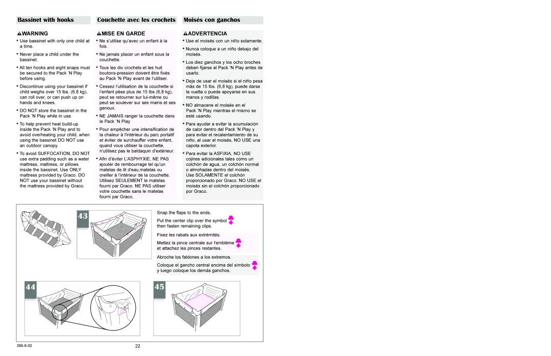 Graco 9757 manual Bassinet with hooks, Moisés con ganchos 