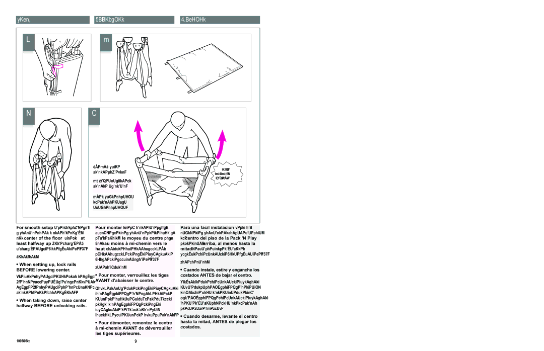 Graco 9757 manual Assembler Instalar, When setting up, lock rails Before lowering center 