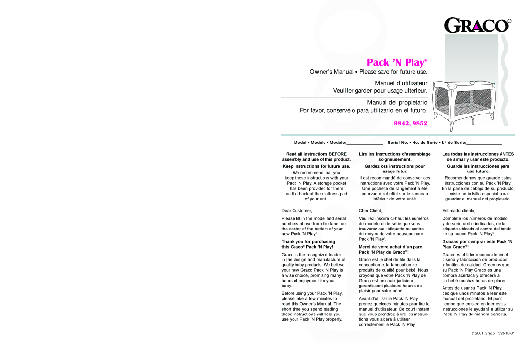 Graco 9842, 9852 owner manual Pack ’N Play 