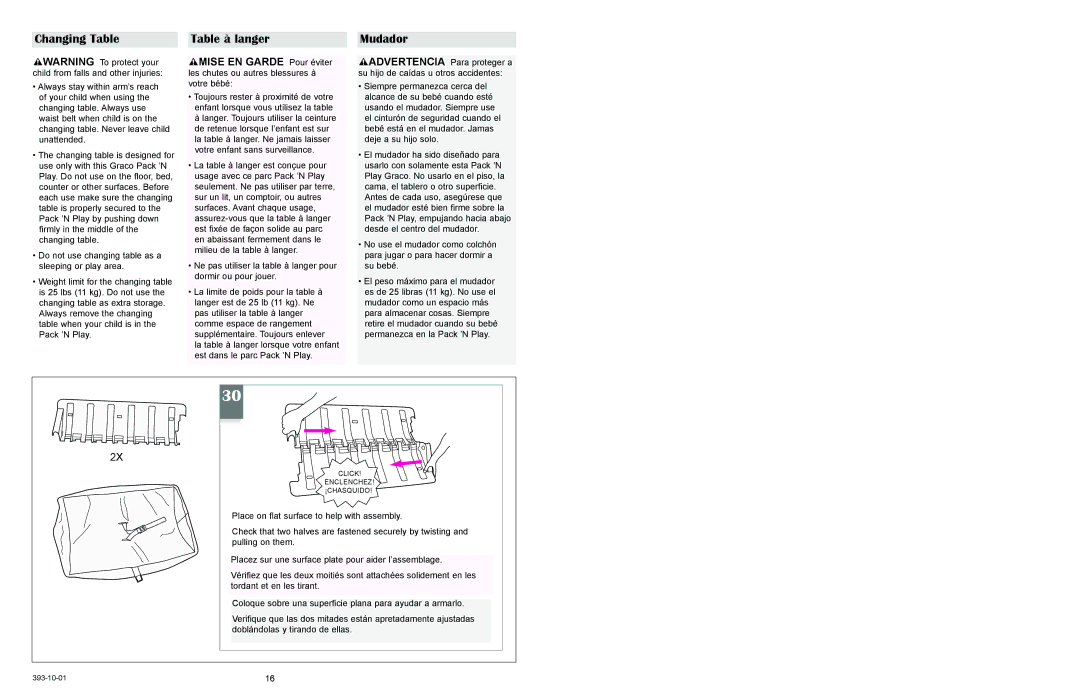 Graco 9852, 9842 owner manual Changing Table, Table à langer, Mudador 