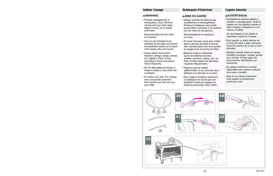 Graco 9842, 9852 owner manual Indoor Canopy, Baldaquin d’intérieur, Capota interior 