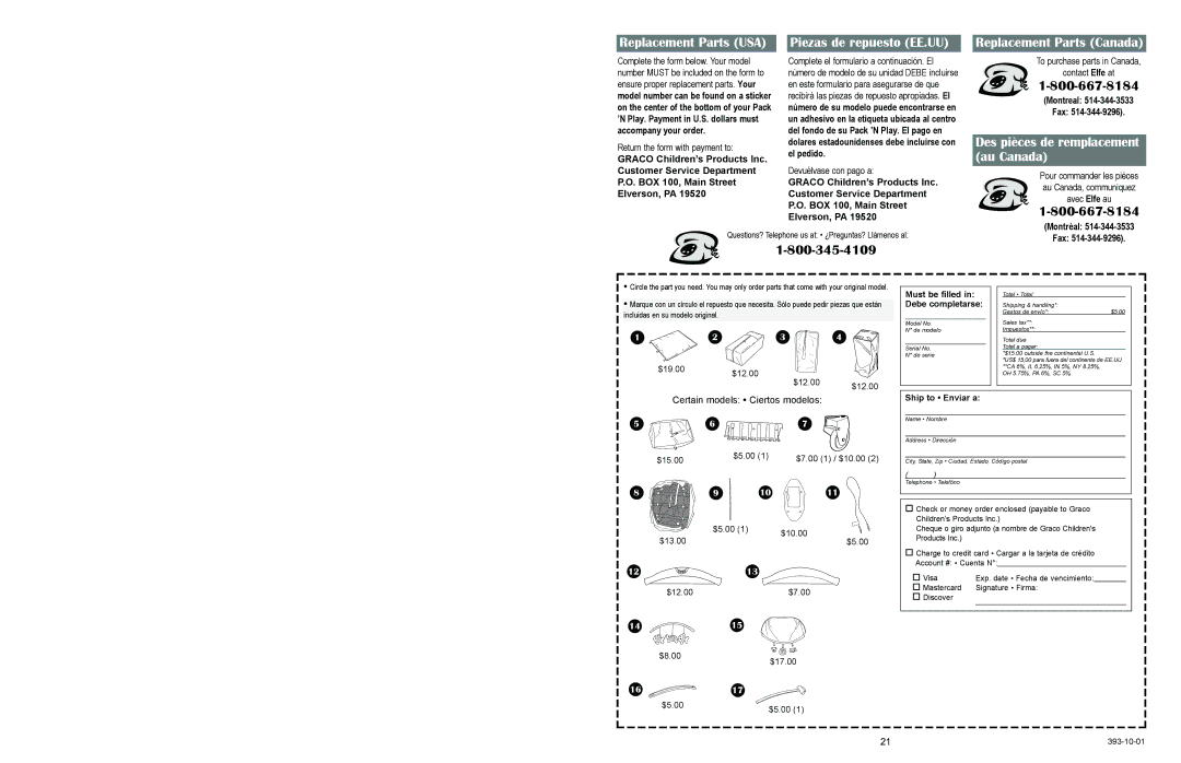 Graco 9842, 9852 owner manual Replacement Parts USA, Piezas de repuesto EE.UU 