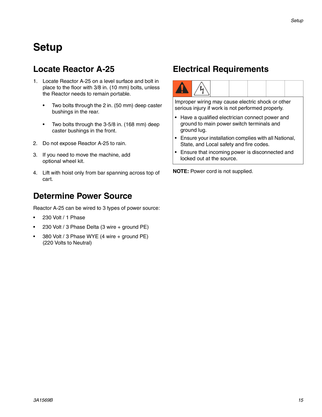 Graco important safety instructions Setup, Locate Reactor A-25 Electrical Requirements, Determine Power Source 