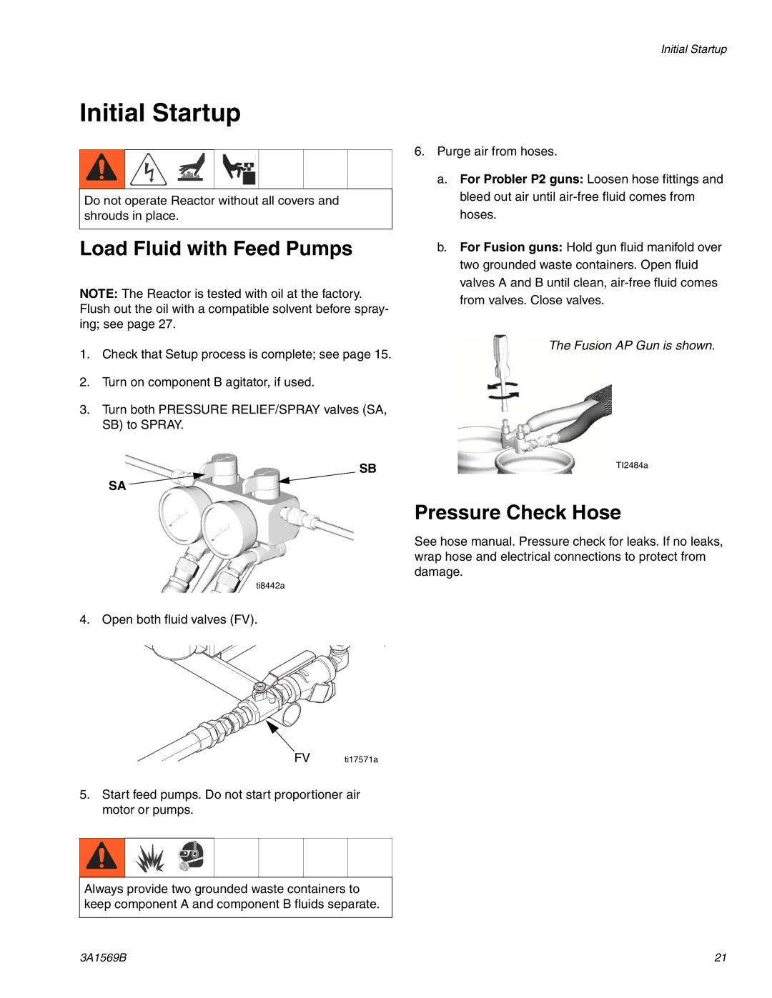 Graco A-25 important safety instructions Initial Startup, Load Fluid with Feed Pumps, Pressure Check Hose 