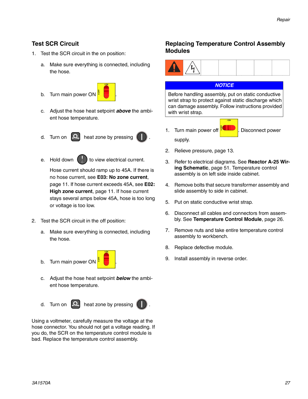 Graco A-25 important safety instructions Test SCR Circuit, Replacing Temperature Control Assembly Modules 