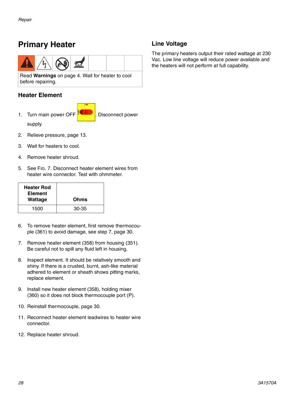 Graco A-25 important safety instructions Primary Heater, Heater Element, Line Voltage 