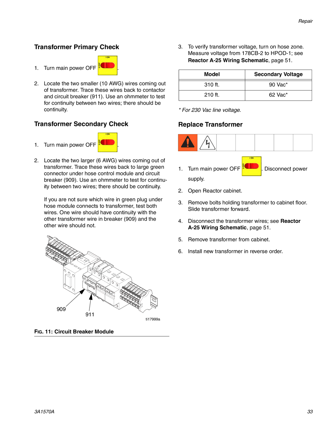 Graco A-25 Transformer Primary Check, Transformer Secondary Check Replace Transformer, Model Secondary Voltage 