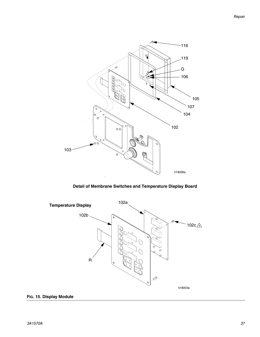 Graco A-25 important safety instructions Detail of Membrane Switches and Temperature Display Board, Display Module 