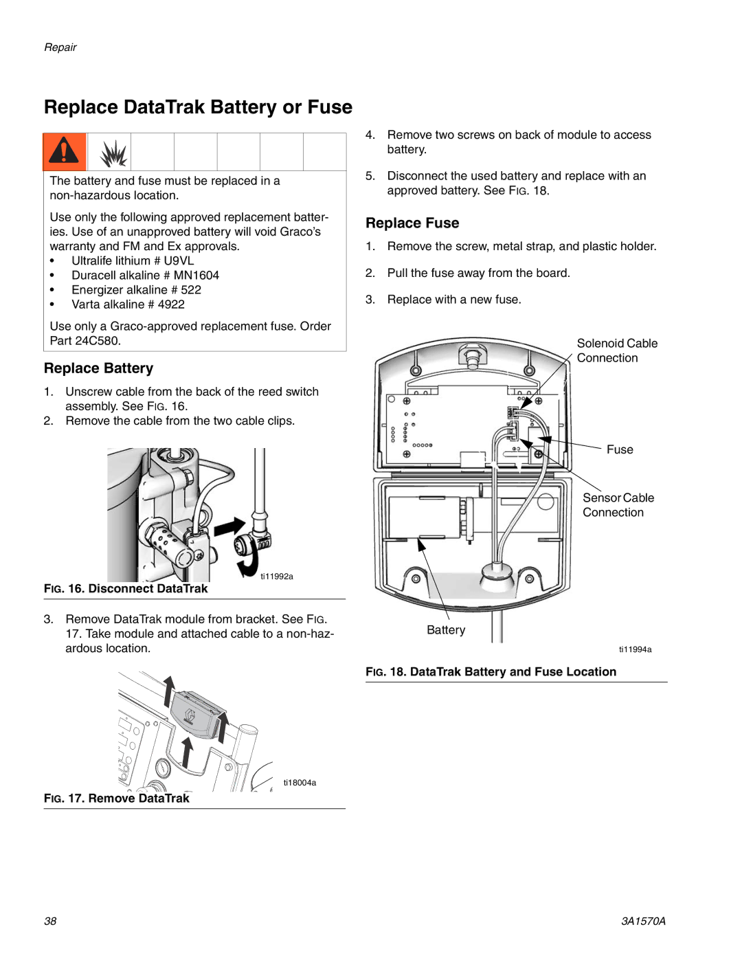 Graco A-25 important safety instructions Replace DataTrak Battery or Fuse, Replace Battery, Replace Fuse 