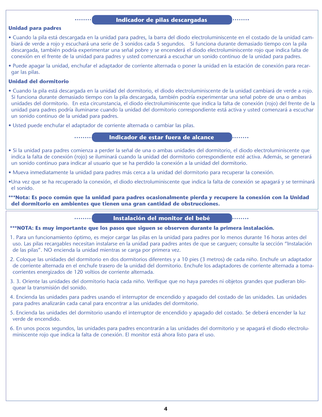 Graco A3921 warranty Indicador de pilas descargadas, Indicador de estar fuera de alcance, Instalación del monitor del bebé 