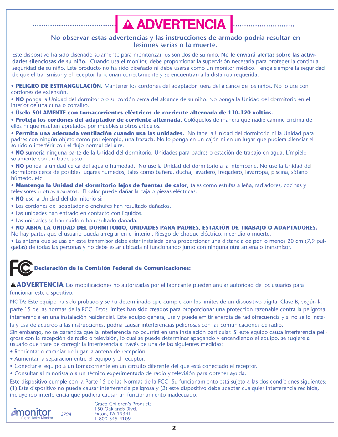 Graco A3921 warranty Declaración de la Comisión Federal de Comunicaciones 