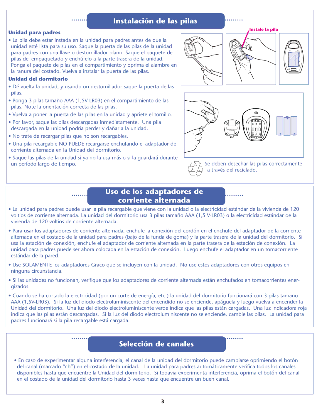 Graco A3921 warranty Instalación de las pilas, Uso de los adaptadores de Corriente alternada, Selección de canales 