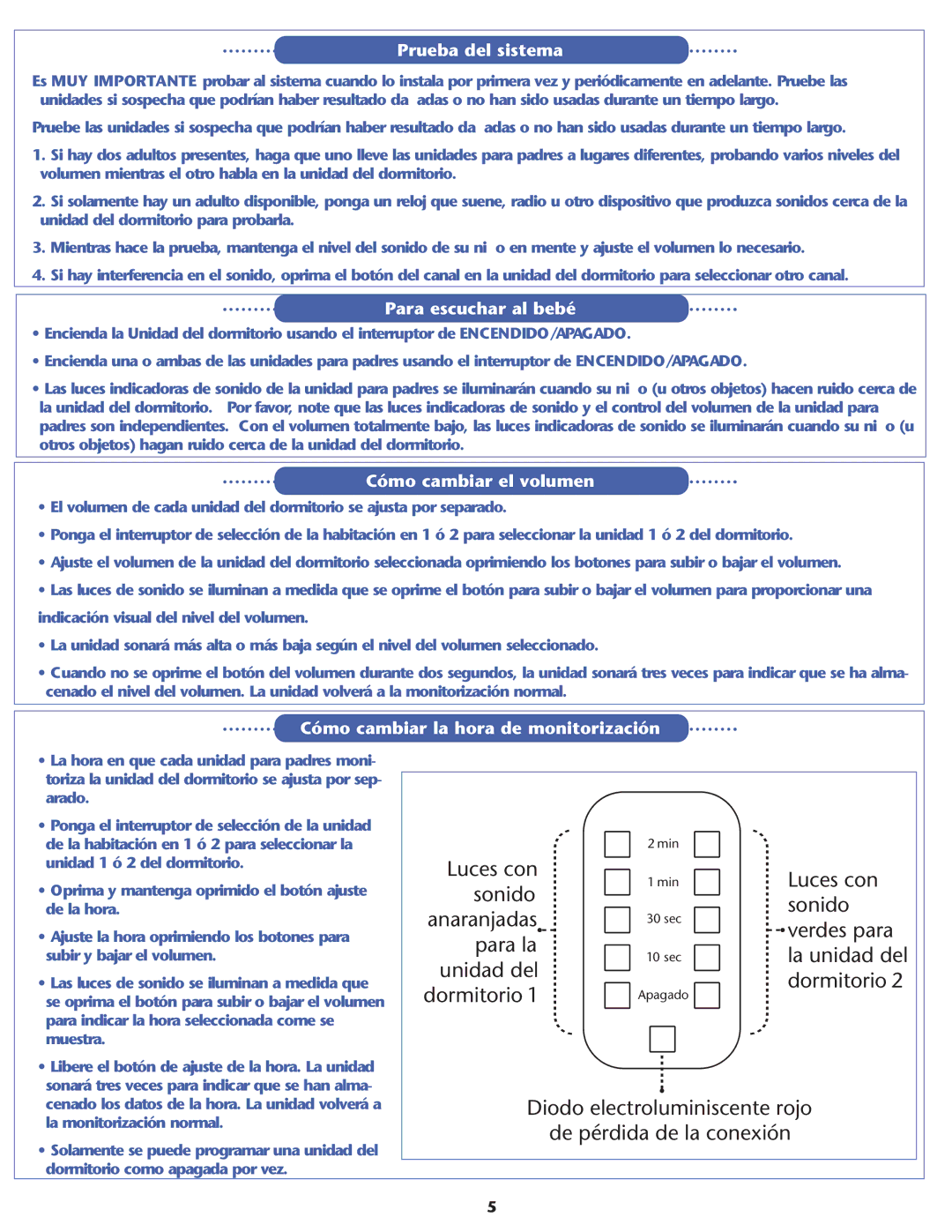 Graco 2794 Prueba del sistema, Para escuchar al bebé, Cómo cambiar el volumen, Cómo cambiar la hora de monitorización 