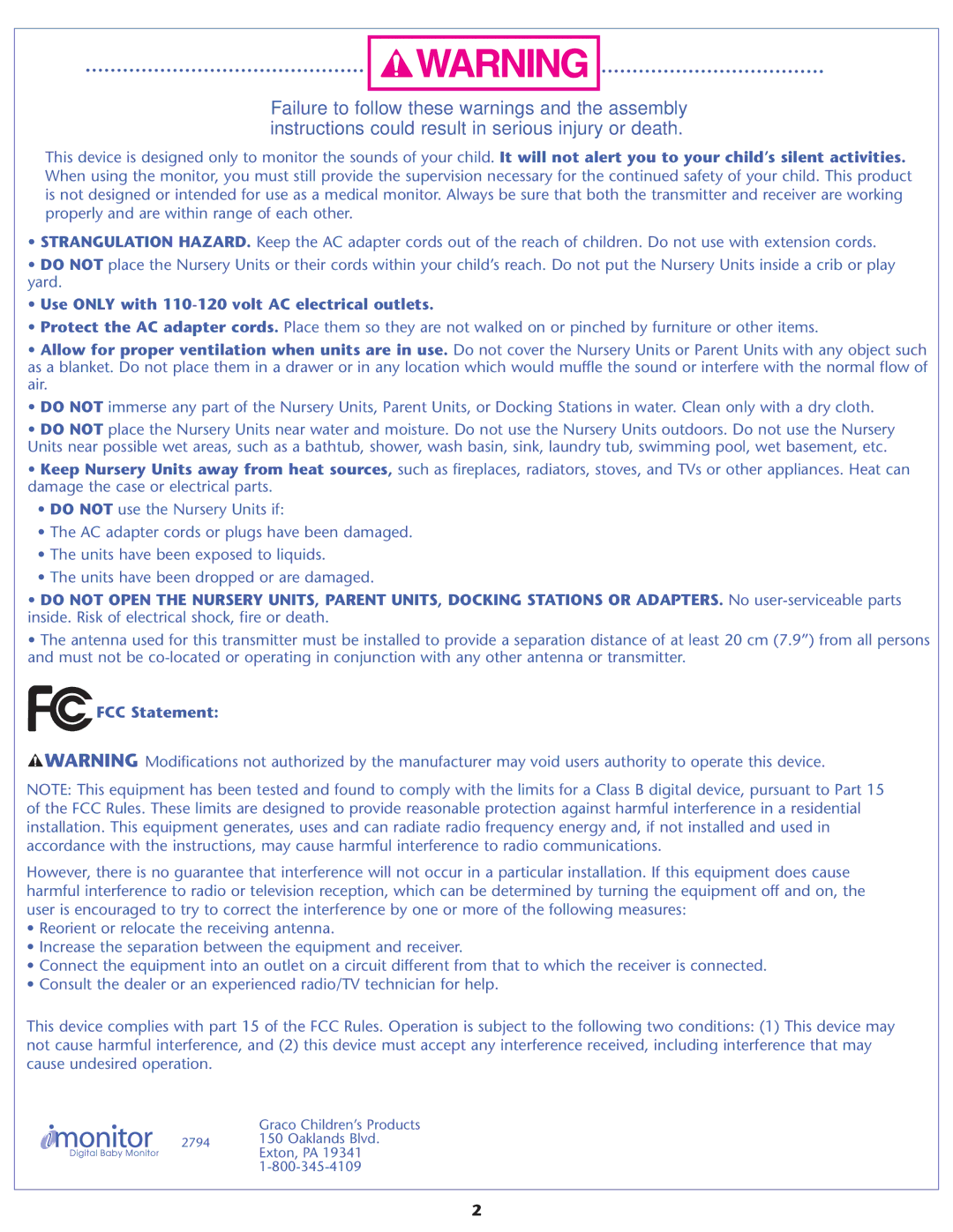 Graco 2794, A5220, A3930 warranty Use only with 110-120 volt AC electrical outlets, FCC Statement 