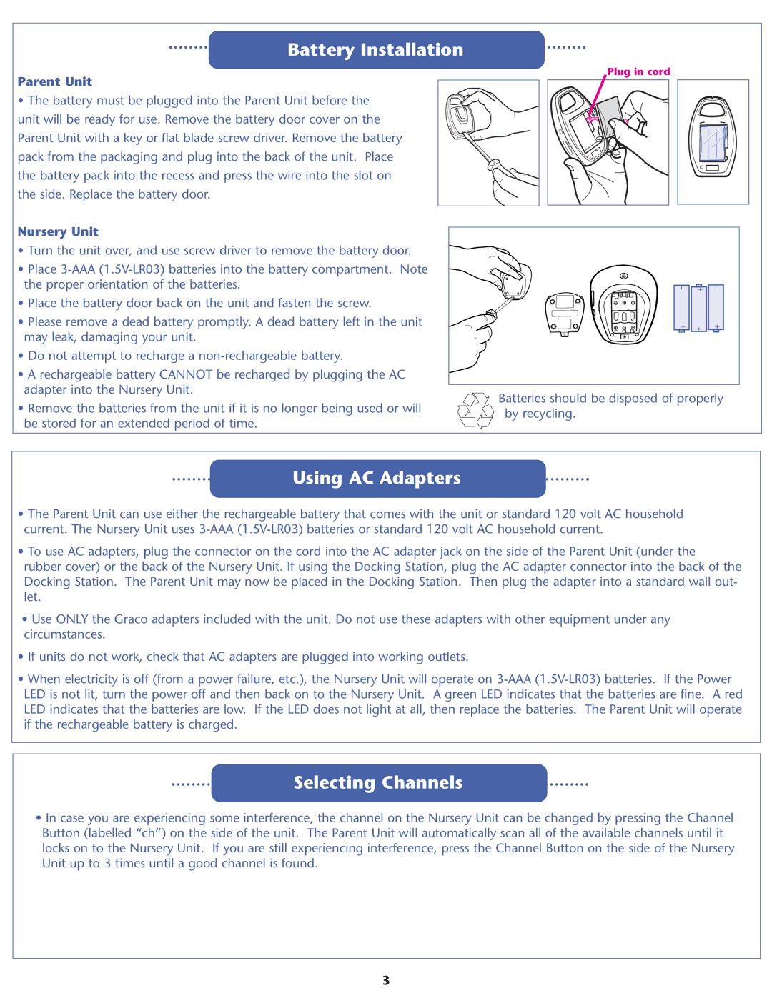 Graco A5220, A3930, 2794 warranty Battery Installation, Using AC Adapters, Selecting Channels, Parent Unit, Nursery Unit 