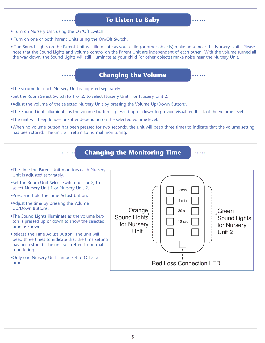 Graco 2794, A5220, A3930 warranty To Listen to Baby, Changing the Volume, Changing the Monitoring Time 