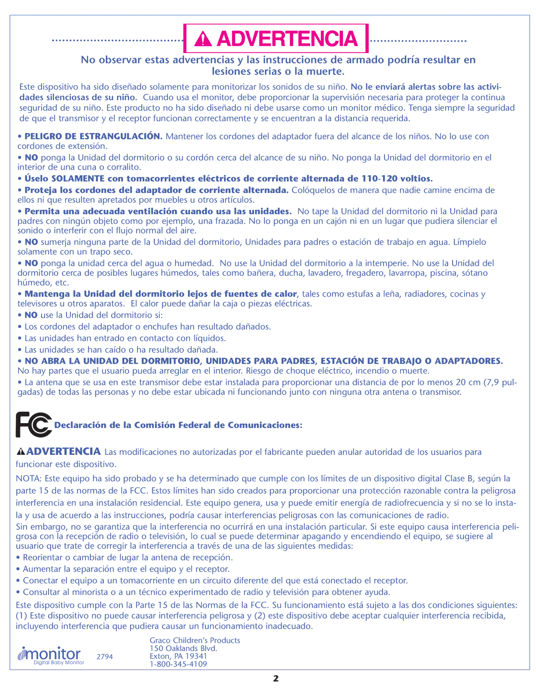 Graco 2794, A5220, A3930 warranty Declaración de la Comisión Federal de Comunicaciones 