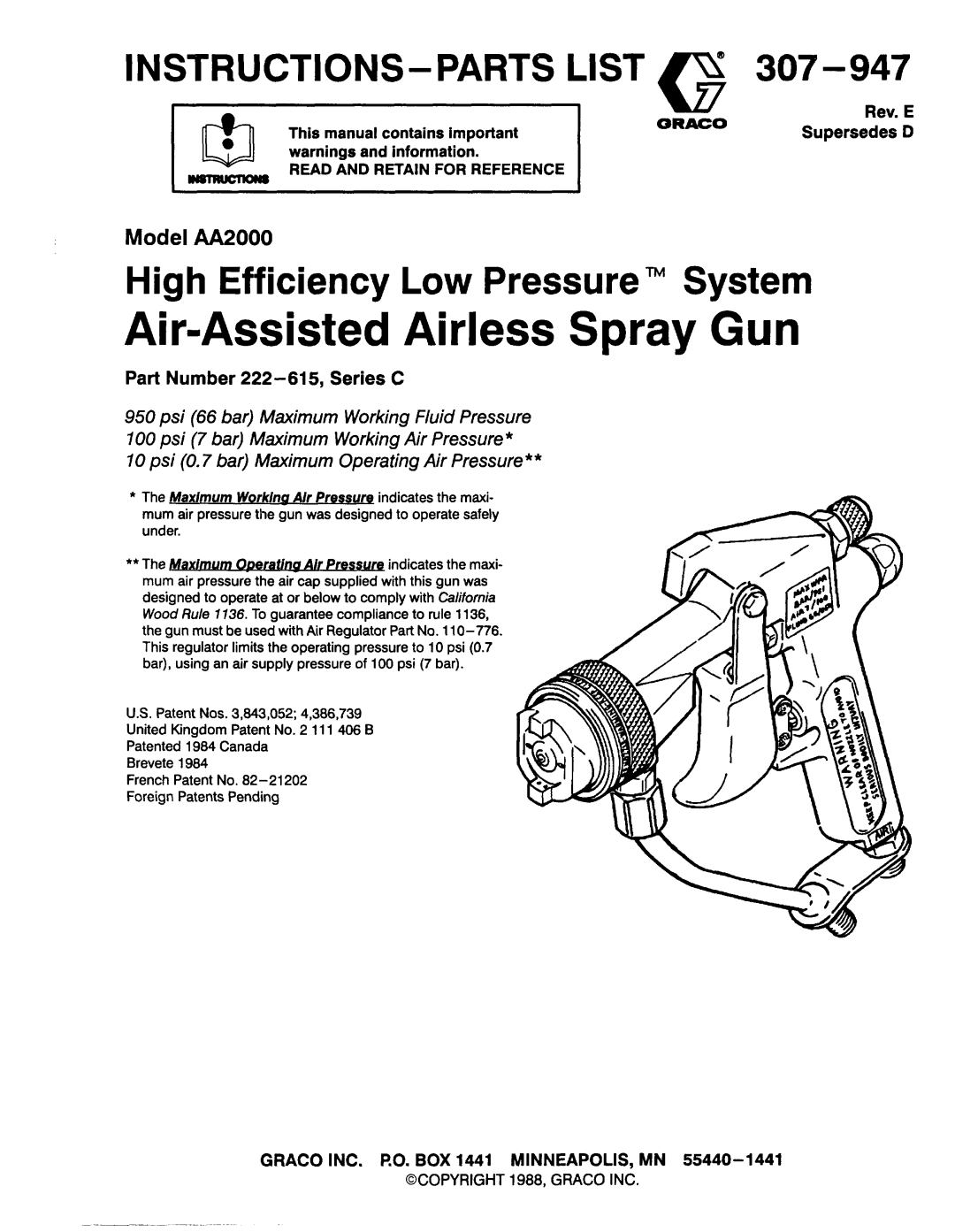 Graco AA2000 manual High Efficiency Low Pressure System, Part Number 222-615, Series C, This manual contains important 