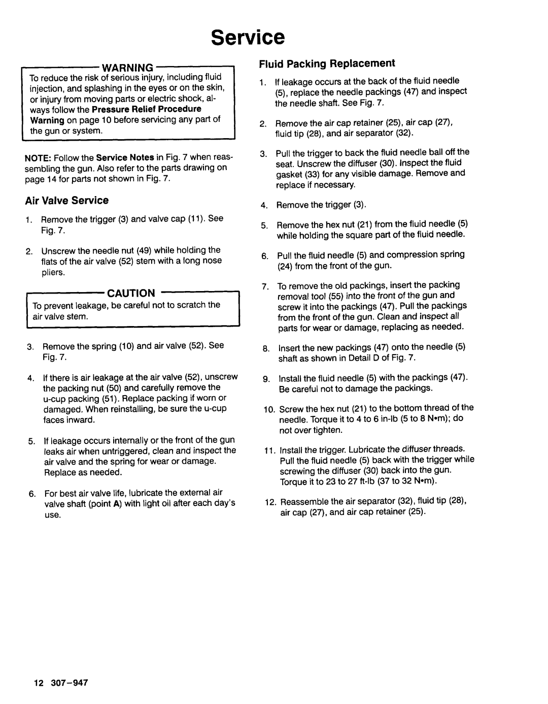 Graco AA2000 manual Air Valve Service, Fluid Packing Replacement 