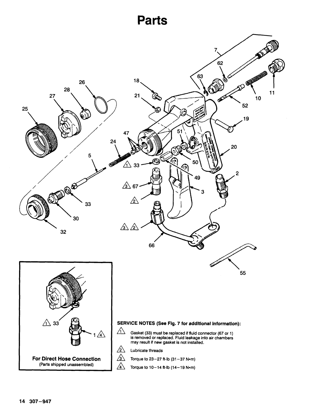 Graco AA2000 manual For Direct Hose Connection, Service Notes See for additional Informatlon 