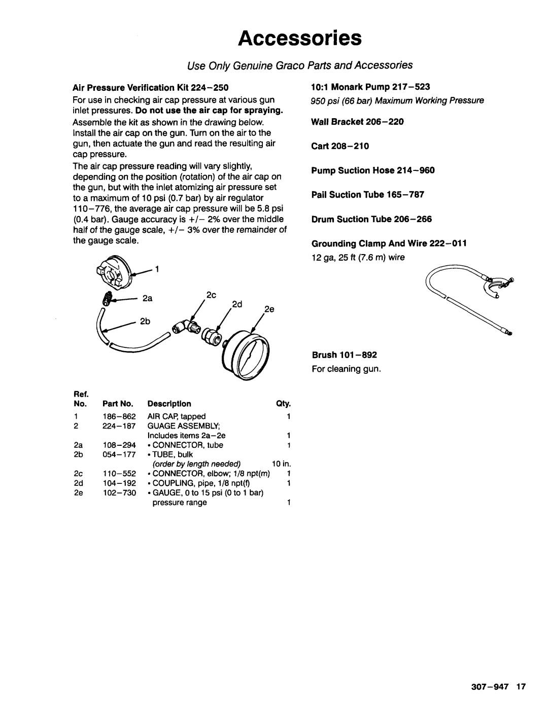 Graco AA2000 manual Air Pressure Verification Kit, 1Ol Monark Pump 