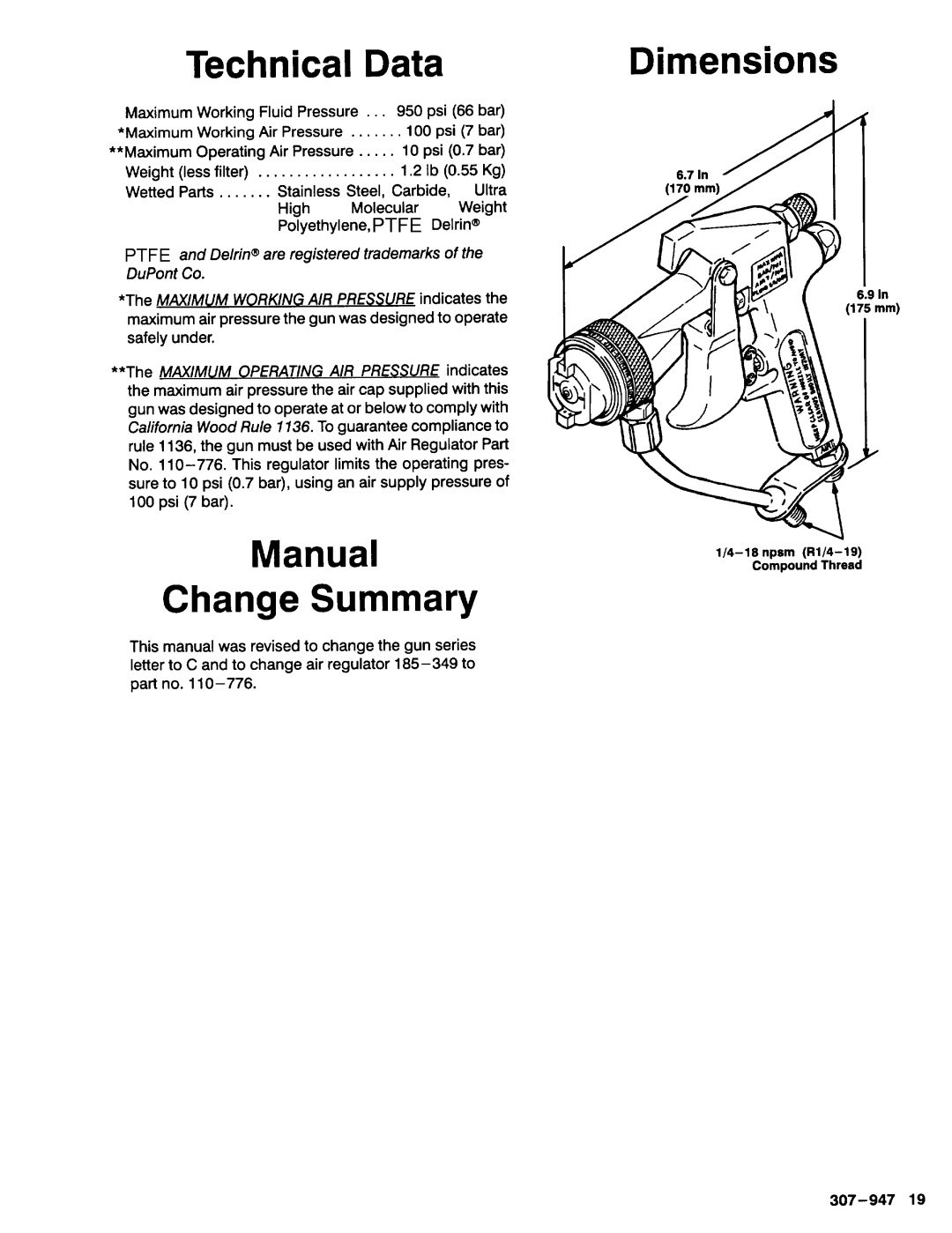 Graco AA2000 manual Technical Data, Manual Change Summary, Dimensions, High Molecular Weight Polyethylene,PTFE Delrin@ 