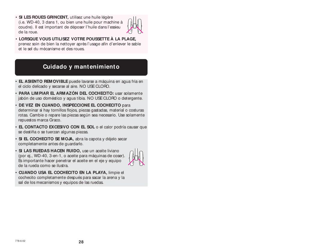 Graco Air 6TM manual Cuidado y mantenimiento, SI LAS Ruedas Hacen RUIDO, use un aceite liviano 