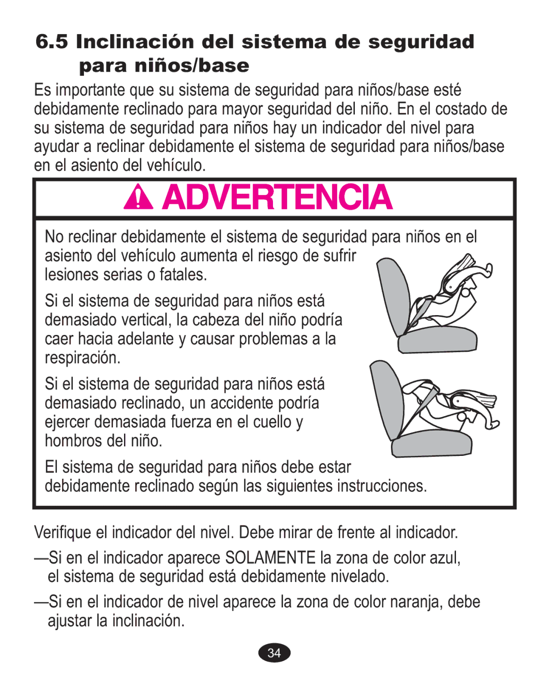 Graco AlanoTM owner manual Inclinación del sistema de seguridad para niños/base 