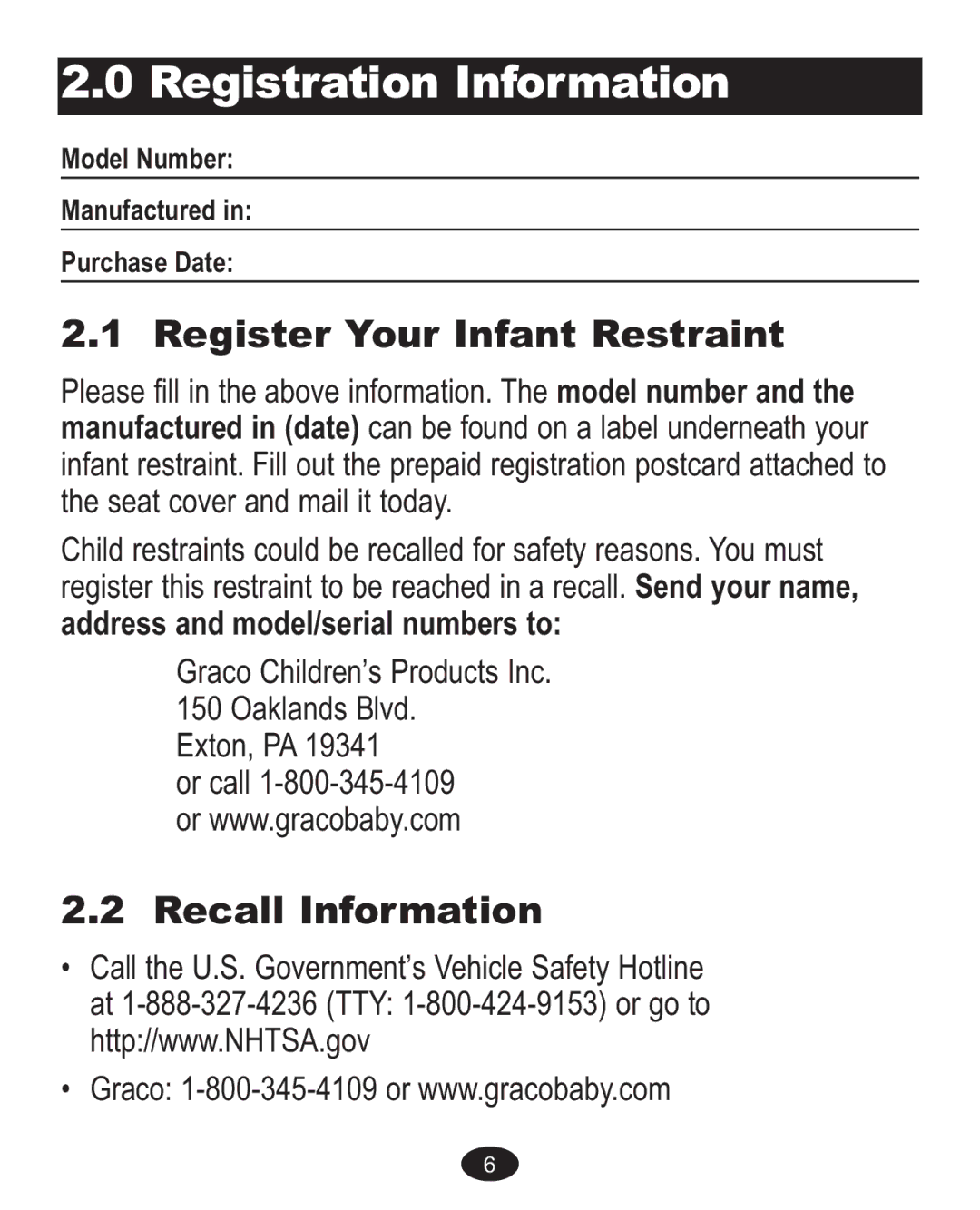 Graco AlanoTM owner manual Registration Information, Recall Information 